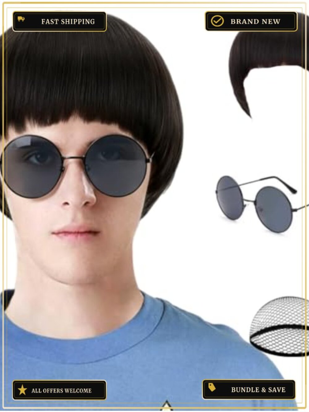 Bowl Cut Wig & Round Sunglasses Set Halloween Cosplay Party Kit